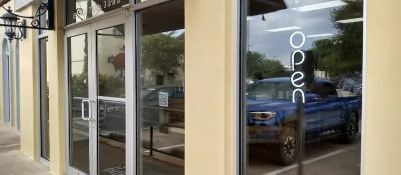 Clean glass storefront of a local business